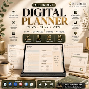 Può includere: Un'agenda digitale tutto in uno per il 2026, 2027 e 2028 visualizzata su uno schermo di tablet. L'interfaccia mostra un programma giornaliero, una lista di cose da fare, un tracker delle abitudini e note. Il testo include 50.000+ adesivi e 830+ pagine.