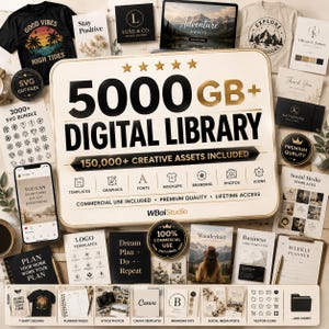 以下が含まれることがあります： 5000 GB+ DIGITAL LIBRARYおよび150,000+ CREATIVE ASSETS INCLUDEDと書かれた大きな中央の看板を特徴とするデジタル製品コレクション。Tシャツ、ソーシャルメディアテンプレート、ロゴデザイン、プランナーなどの様々なモックアップが配置されています。