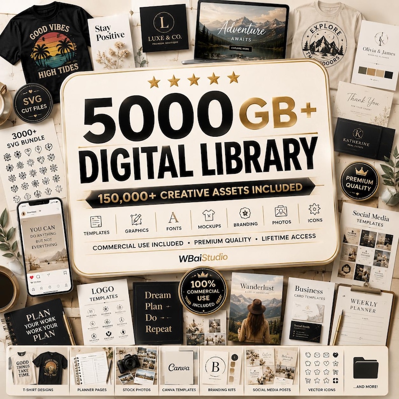 May include: A digital product collection display featuring a large central sign labeled 5000 GB+ DIGITAL LIBRARY and 150,000+ CREATIVE ASSETS INCLUDED. The arrangement includes various mockups of t-shirts, social media templates, logo designs, and planners.