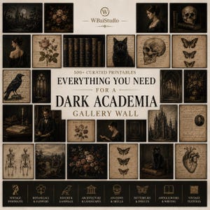 Może przedstawiać: Kolekcja ponad 500 grafik do druku na ścianę w stylu dark academia, zawierająca ilustracje w stylu vintage przedstawiające czaszki, szkielety, serca anatomiczne, czarne koty, kruki, motyle, kwiaty, architekturę oraz zabytkowe książki.