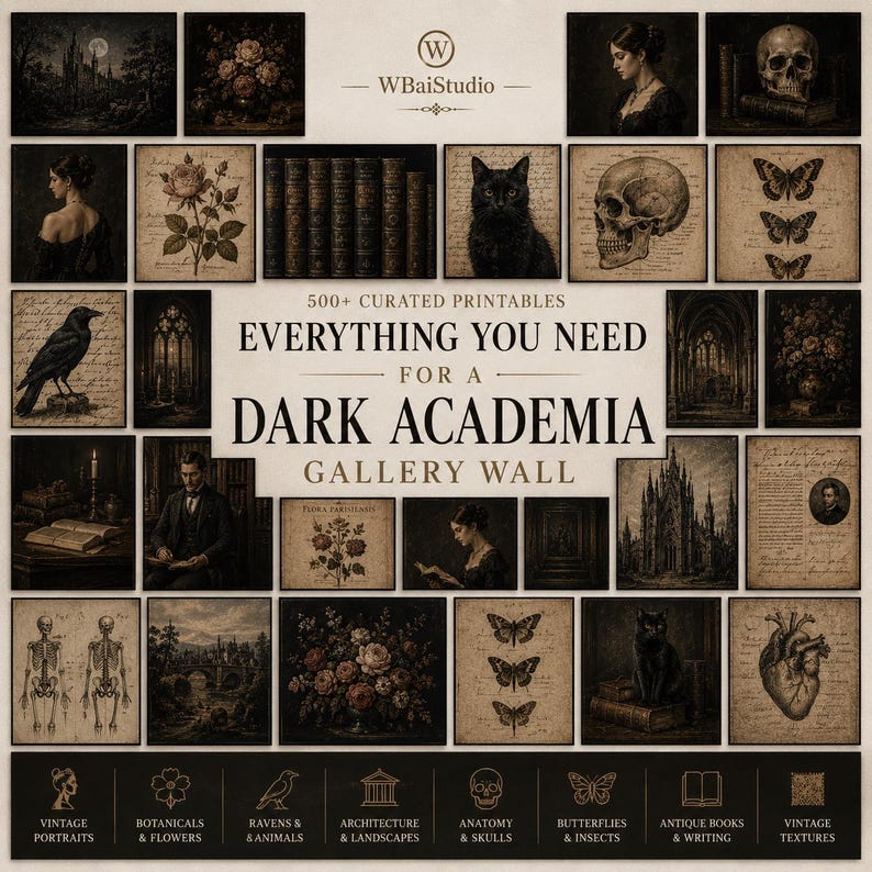 Może przedstawiać: Kolekcja ponad 500 grafik do druku na ścianę w stylu dark academia, zawierająca ilustracje w stylu vintage przedstawiające czaszki, szkielety, serca anatomiczne, czarne koty, kruki, motyle, kwiaty, architekturę oraz zabytkowe książki.
