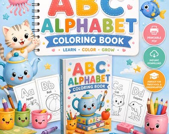 Pacchetto di libri da colorare dell'alfabeto ABC / Pagine da colorare stampabili in PDF / Attività di apprendimento prescolare / Schede didattiche per la scuola dell'infanzia / Download immediato