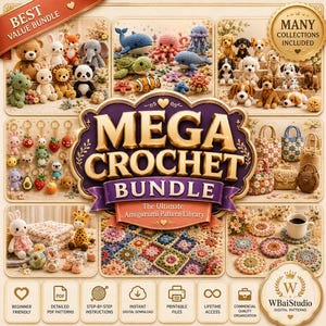 Op de afbeelding: Een digitaal Mega Crochet Bundle met een verzameling amigurumi-patronen, waaronder gehaakte dieren, tassen, onderzetters en dekens. De afbeelding toont diverse voltooide haakprojecten, tekstlabels en iconen voor PDF-patronen en directe downloads.