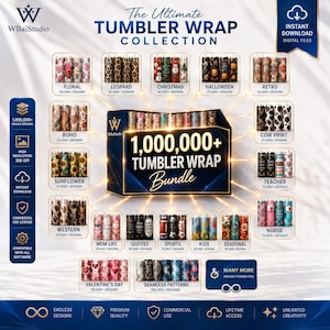 Op de afbeelding: Een digitale collectie van meer dan 1.000.000 tumbler wrap ontwerpen met diverse thema's zoals bloemen, luipaard, Kerstmis, Halloween, retro, boho, koeienprint, zonnebloem, leraar, western, verpleegkundige, mom life, quotes, sport, kids en seizoenspatronen.