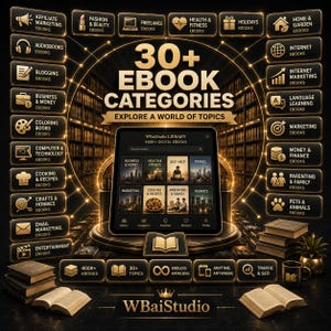 May include: A digital library interface titled 30+ EBOOK CATEGORIES EXPLORE A WORLD OF TOPICS, featuring a central tablet screen displaying various ebook genres, surrounded by gold-bordered category buttons and stacks of physical books with WBaiStudio branding.