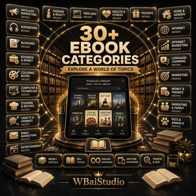 May include: A digital library interface titled 30+ EBOOK CATEGORIES EXPLORE A WORLD OF TOPICS, featuring a central tablet screen displaying various ebook genres, surrounded by gold-bordered category buttons and stacks of physical books with WBaiStudio branding.