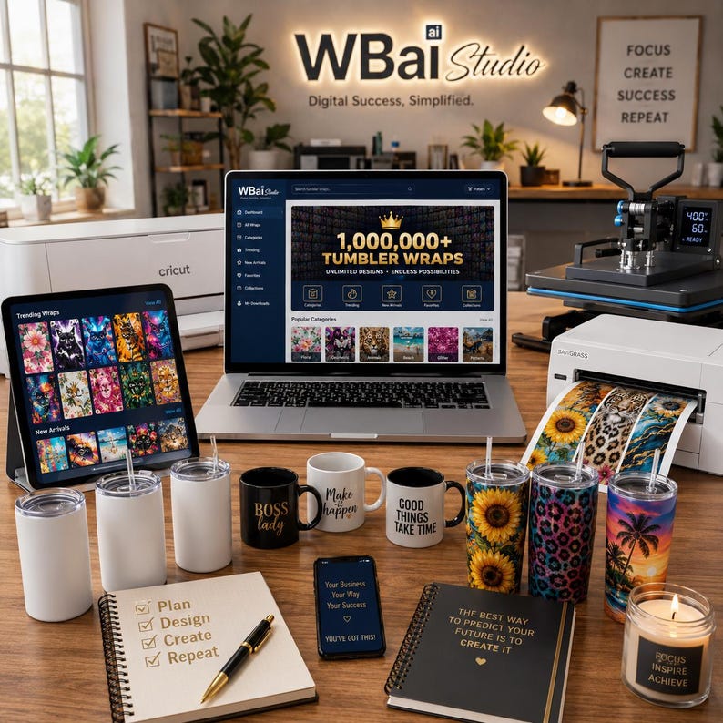 Op de afbeelding: Een werkplek met een laptop die de WBai Studio-website toont, een tablet met tumbler-ontwerpen, een printer, een hittepers, lege en bedrukte tumblers, twee mokken met tekst, een notitieboek met pen, een smartphone en een kaars.