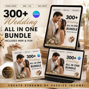Op de afbeelding: Een advertentie voor een digitaal productpakket met een tablet en laptop die een trouwthema tonen. De tekst luidt 300+ Wedding ALL IN ONE BUNDLE, INCLUDES MRR & PLR, BONUS INSIDE, MRR / PLR, 100% PROFIT en CREATE STREAMS OF PASSIVE INCOME.