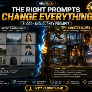 Op de afbeelding: Een digitale afbeelding die "The Right Prompts Change Everything" promoot met "21.000+ Midjourney Prompts." De afbeelding contrasteert "Zonder kwaliteit prompts" met "Premium prompts", met voorbeelden. Bevat tekst: "Direct downloaden."
