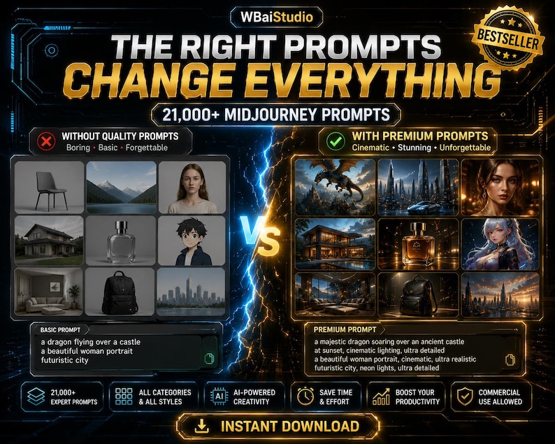Op de afbeelding: Een digitale afbeelding die "The Right Prompts Change Everything" promoot met "21.000+ Midjourney Prompts." De afbeelding contrasteert "Zonder kwaliteit prompts" met "Premium prompts", met voorbeelden. Bevat tekst: "Direct downloaden."
