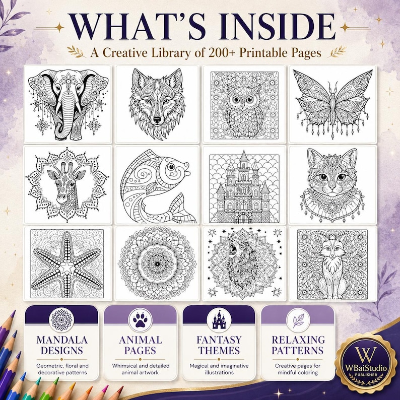 May include: A digital collection titled WHAT'S INSIDE A Creative Library of 200+ Printable Pages featuring twelve black and white line art illustrations of animals, a castle, and mandalas, with four category boxes for designs and patterns.