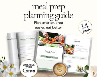 Meal Prep Planning Guide, Editable Canva Meal Planner, Weekly Food Prep Template, Grocery List, Healthy Eating Nutrition Planner PDF