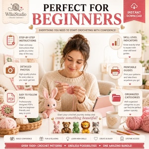 May include: A digital crochet pattern bundle advertisement featuring the text PERFECT FOR BEGINNERS and WBaiStudio. The graphic displays icons for step-by-step instructions, printable guides, and PDF files, alongside small crocheted animal figures.