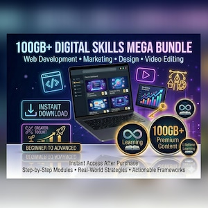 May include: A digital skills mega bundle advertisement. The image features a laptop and tablet displaying course dashboards, with icons for web development, marketing, design, and video editing. Text includes "100GB+ Digital Skills Mega Bundle" and "Instant Download."
