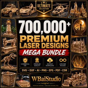 May include: A digital collection of 700,000+ premium laser designs featuring wooden models like a truck, sports car, helicopter, castle, lighthouse, sewing machine, dinosaur, and train, with file formats SVG, DXF, AI, PNG, EPS, PDF, and CDR included.