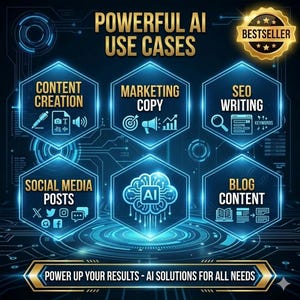 May include: A digital graphic with the text "POWERFUL AI USE CASES" and "BESTSELLER". The image highlights six AI applications: Content Creation, Marketing Copy, SEO Writing, Social Media Posts, AI, and Blog Content. The bottom banner reads "POWER UP YOUR RESULTS - AI SOLUTIONS FOR ALL NEEDS".