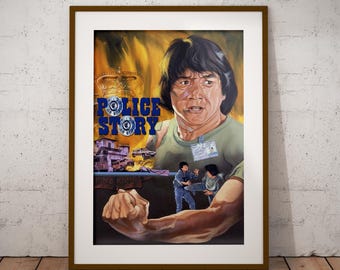 May include: Framed movie poster for "Police Story" featuring a portrait of Jackie Chan. The poster has a vintage style with a yellow, orange, and blue color scheme. The title is in blue and white.