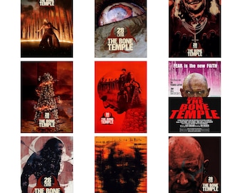 May include: A collection of nine movie posters for "The Bone Temple." The posters feature various horror-themed images, including a person in a forest, a close-up of an eye, and a menacing face. The title and "28 Years Later" are visible.