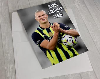 Biglietto d'auguri di compleanno con immagine di Haaland del Manchester City, Premier League inglese, formato A5 con busta, carta super lucida.