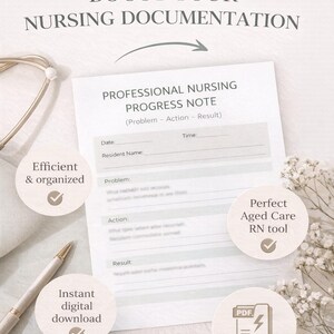Peut inclure: Un modèle numérique de note de progression infirmière avec le texte "Professional Nursing Progress Note" et "Boost Your Nursing Documentation". La conception comprend des icônes pour l'efficacité, le téléchargement instantané et un fichier PDF.