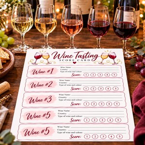 May include: A white paper wine tasting score card featuring the text Wine Tasting Score Card at the top with illustrations of wine glasses. The card includes five sections for recording wine name, country, type, color, and a numerical score from 1 to 5.
