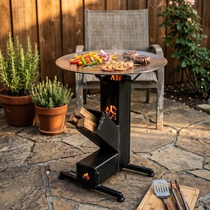 Peut inclure: Un barbecue extérieur en métal noir avec une surface de cuisson circulaire. Le barbecue a un foyer à bois et est chargé de bois. Des légumes grillés, des crevettes et des hamburgers cuisent sur la surface. Le barbecue est sur un patio en pierre.