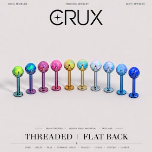 Può includere: Dieci piercing con retro piatto e filettatura, dotati di sfere effetto opale incastonate a griffe in colori come verde, blu, rosa, giallo e bianco. I perni in metallo presentano finiture nei toni del verde ottanio, viola, oro, argento e blu.