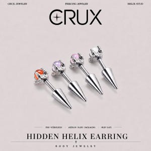 Könnte beinhalten: Vier silberfarbene Helix-Ohrstecker mit konischen Verschlüssen. Jeder Stecker hat einen in Krallen gefassten, kugelförmigen Stein in Orange, Helllila, Rosa oder Weiß. Der Text CRUX JEWELRY, PIERCING JEWELRY, HELIX STUD und HIDDEN HELIX EARRING ist sichtbar.