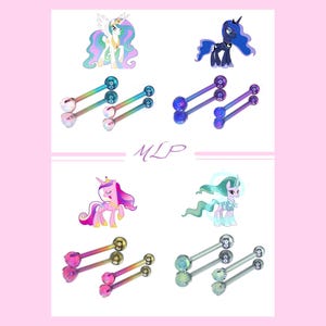 May include: An assortment of tongue piercing barbells with colorful, iridescent balls. The image also features cartoon illustrations of ponies with colorful manes and tails. The text "MLP" is written in cursive.