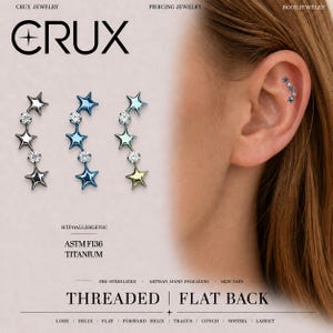 May include: Three star-shaped ear piercings in silver, blue, and iridescent tones, each featuring clear round stones. The jewelry is labeled as ASTM F136 titanium, threaded, and flat back. Text includes CRUX JEWELRY, PIERCING JEWELRY, and BODY JEWELRY.