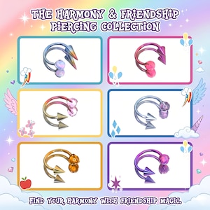 May include: The Harmony & Friendship Piercing Collection features six circular barbell piercings with spike and ball ends in various metallic colors including blue, pink, gold, and purple, displayed against a pastel rainbow background with text.