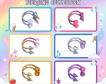 May include: The Harmony & Friendship Piercing Collection features six circular barbell piercings with spike and ball ends in various metallic colors including blue, pink, gold, and purple, displayed against a pastel rainbow background with text.
