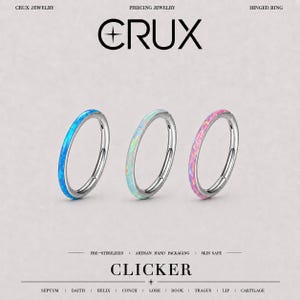 May include: Three hinged clicker rings featuring inlaid opal-like material in blue, white, and pink. The text CRUX PIERCING JEWELRY HINGED RING is at the top, and CLICKER SEPTUM DAITH HELIX CONCH LOBE ROOK TRAGUS LIP CARTILAGE is at the bottom.