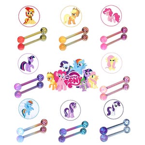 May include: A collection of tongue rings featuring cartoon pony characters. Each ring has a barbell design with two decorative balls, and the characters are in circular frames. The My Little Pony logo is also present.