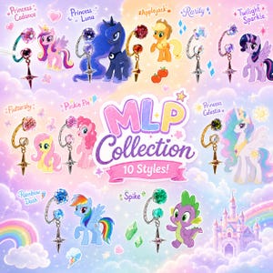May include: A collection of ten belly button rings featuring My Little Pony characters including Princess Cadance, Princess Luna, Applejack, Rarity, Twilight Sparkle, Fluttershy, Pinkie Pie, Princess Celestia, Rainbow Dash, and Spike, with the text MLP Collection 10 Styles.
