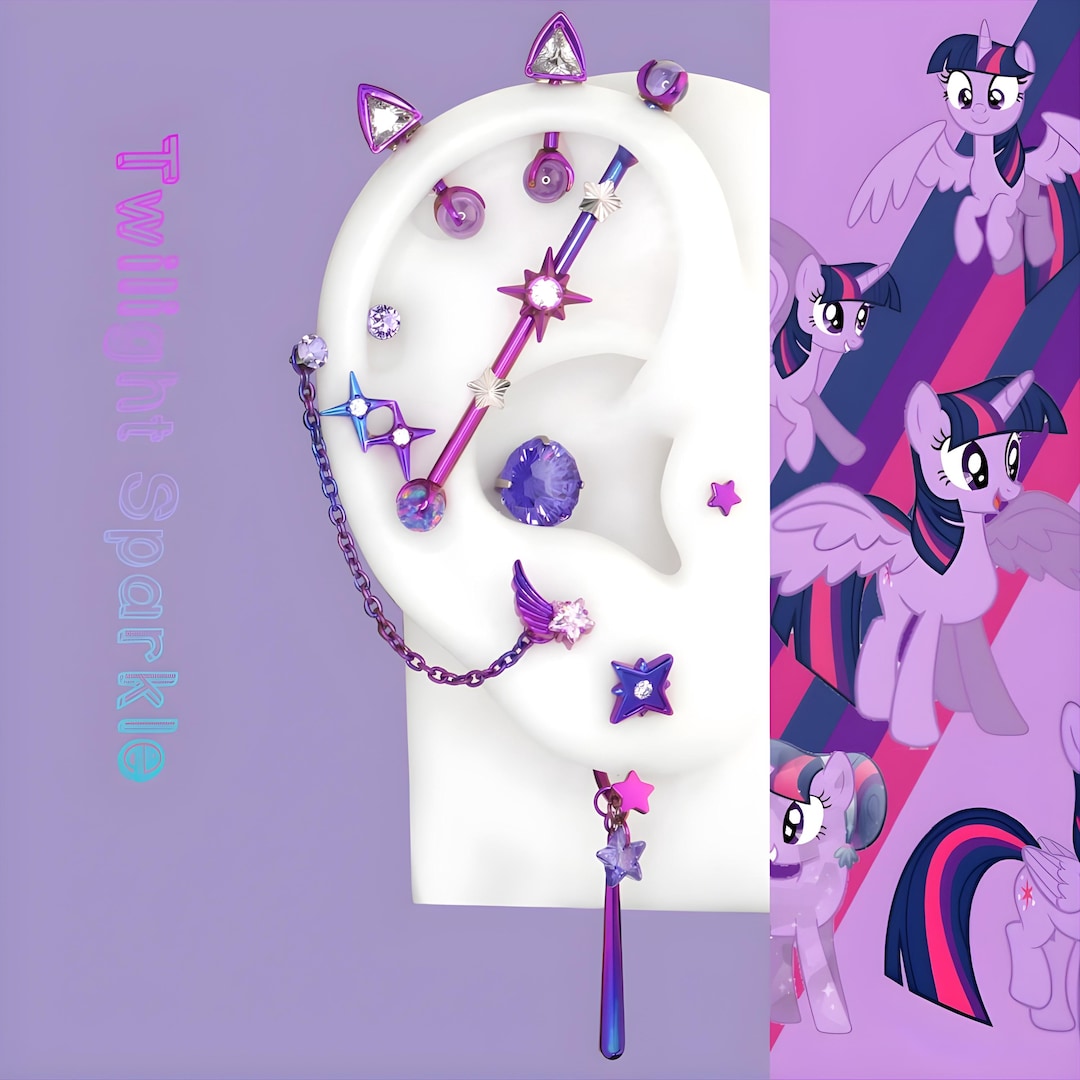 Titanium Ear Stack Titanium Twilight Sparkle Curated Ear Stack | 10 Pcs MLP Piercing Set ...
