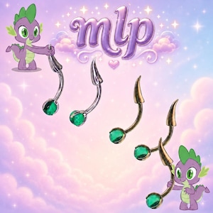 MLP-Augenbrauenring aus Titan mit Spike-Motiv | Gebogener Stab mit grünem Edelstein | Spike-the-Dragon-Piercing | Vertikales Labret-Schmuckstück im Rook-Stil