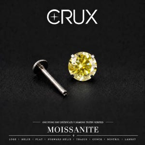 Könnte beinhalten: Ein runder, gelber Moissanit-Ohrstecker mit einem silberfarbenen flachen Stift. Das Bild enthält den Text CRUX, ONE STONE ONE CERTIFICATE DIAMOND TESTER VERIFIED, MOISSANITE sowie eine Liste von Piercing-Stellen: LOBE, HELIX, FLAT, FORWARD HELIX, TRAGUS, CONCH, NOSTRIL, LABRET.