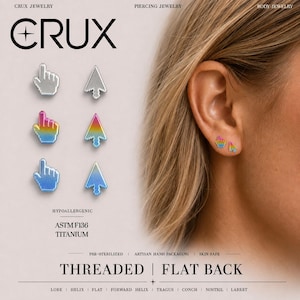 May include: A set of threaded flat back earrings featuring computer cursor and pointer shapes in silver, rainbow gradient, and blue gradient finishes. The text CRUX JEWELRY, HYPOALLERGENIC, ASTM F136 TITANIUM, and THREADED FLAT BACK is visible on the display.
