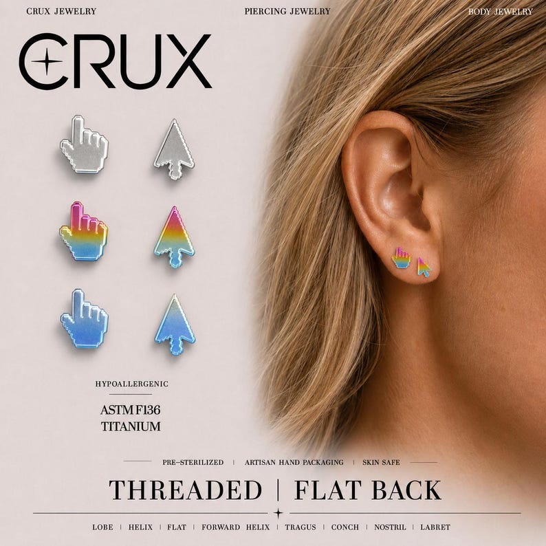 May include: A set of threaded flat back earrings featuring computer cursor and pointer shapes in silver, rainbow gradient, and blue gradient finishes. The text CRUX JEWELRY, HYPOALLERGENIC, ASTM F136 TITANIUM, and THREADED FLAT BACK is visible on the display.
