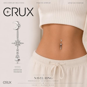 Piercing de umbigo em titânio ASTM F136 com lua e estrela | Piercing de umbigo 14G | Piercing de umbigo com pingente celestial de zircônia cúbica | Rosca externa | Joias góticas