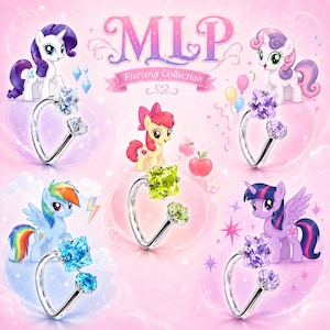 May include: A collection of five silver-toned open rings, each featuring two faceted gemstones in clear, purple, lime green, light blue, and violet. The rings are displayed against a pink background with My Little Pony characters and the text MLP Piercing Collection.