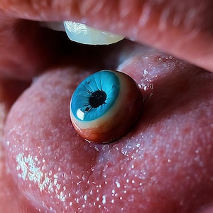 Puede incluir: Primer plano de una boca humana con un ojo protésico azul y marrón descansando sobre una lengua rosada. El ojo tiene un iris y una pupila detallados, y la lengua está húmeda.