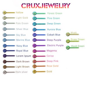 May include: A color chart for CRUXJEWELRY featuring a variety of straight barbell body jewelry in numerous metallic and iridescent shades. Each item is labeled with color names including Yellow, Light Gold, Pale Green, Silver Blue, Sky Blue, Marine Blue, Navy Blue, Royal Blue, Lorem Ipsum, Dark Brown, Light Brown, Dark silver, Forest Green, Pine Green, Deep Green, Aurora Blue, Cobalt Blue, Deep Purple, Electric Purple, Magenta, Cerise, Deep Pink, Rose Gold, Gold, Khaki, Grass Green, and Vivid Green.