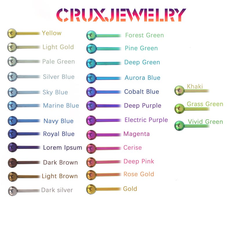 May include: A color chart for CRUXJEWELRY featuring a variety of straight barbell body jewelry in numerous metallic and iridescent shades. Each item is labeled with color names including Yellow, Light Gold, Pale Green, Silver Blue, Sky Blue, Marine Blue, Navy Blue, Royal Blue, Lorem Ipsum, Dark Brown, Light Brown, Dark silver, Forest Green, Pine Green, Deep Green, Aurora Blue, Cobalt Blue, Deep Purple, Electric Purple, Magenta, Cerise, Deep Pink, Rose Gold, Gold, Khaki, Grass Green, and Vivid Green.