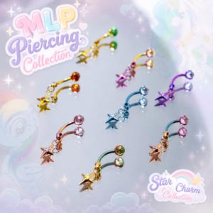 May include: A collection of seven curved barbell piercings with star charms, featuring various metallic finishes and colored gemstone ends. The text MLP Piercing Collection and Star Charm Collection is visible in the corners of the image.
