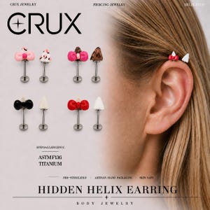 May include: A collection of ASTM F136 titanium helix stud earrings featuring various designs including bows and triangular shapes in colors like pink, black, red, white, and leopard print, shown individually and worn in an ear cartilage piercing.