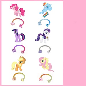 May include: An assortment of cartoon pony characters with matching horseshoe-shaped earrings. The earrings are in various colors, including pink, blue, purple, silver, and gold, each with a gemstone at the ends. The background is white with a pink border.