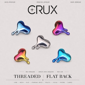 May include: Five heart-shaped body jewelry pieces with a melted, liquid appearance. The colors include blue, purple-pink gradient, polished silver, yellow-pink gradient, and cyan. Text reads CRUX PIERCING JEWELRY, THREADED FLAT BACK, and placement areas.