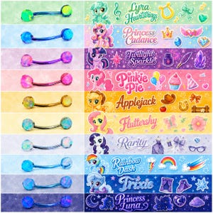 May include: A collection of curved barbell tongue rings with colorful opal-like balls. Each ring is paired with a decorative strip featuring a cartoon pony character and their name, such as "Pinkie Pie" and "Rainbow Dash".